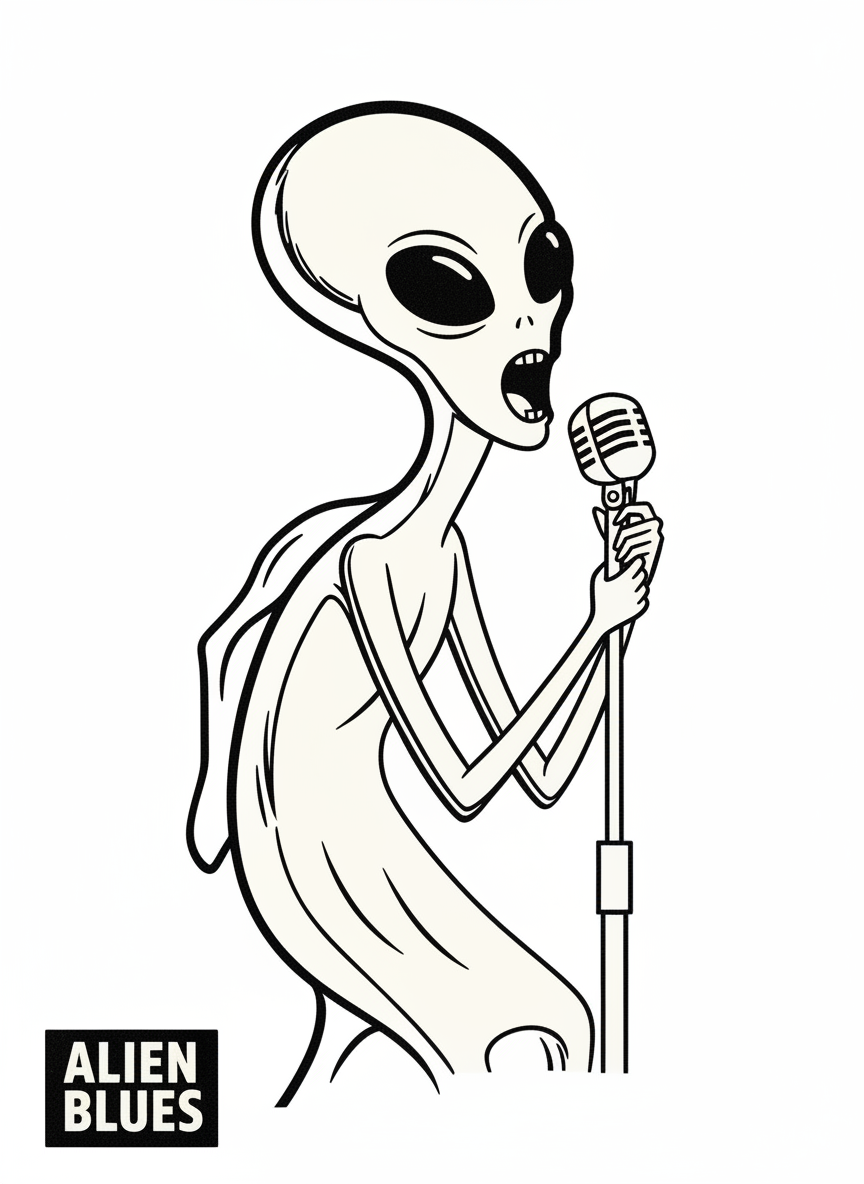 Ilustração minimalista em preto e branco de um alienígena cantando, com poucos traços e fundo limpo, estilo ícone vetorial moderno