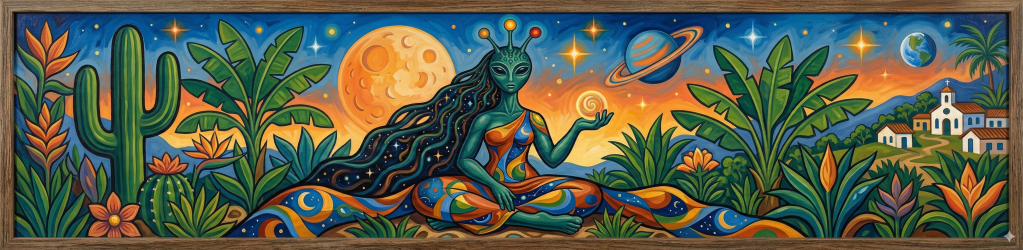 A aliena medita no meio de uma floresta tropical, com um planeta visível no céu ao fundo.