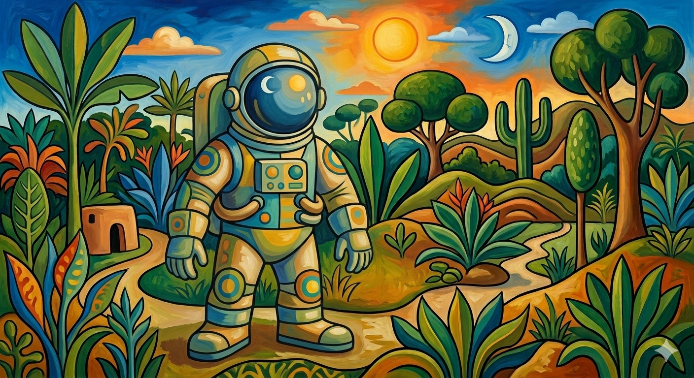 Ilustração colorida de um astronauta em uma paisagem natural com plantas e céu de dia e de noite